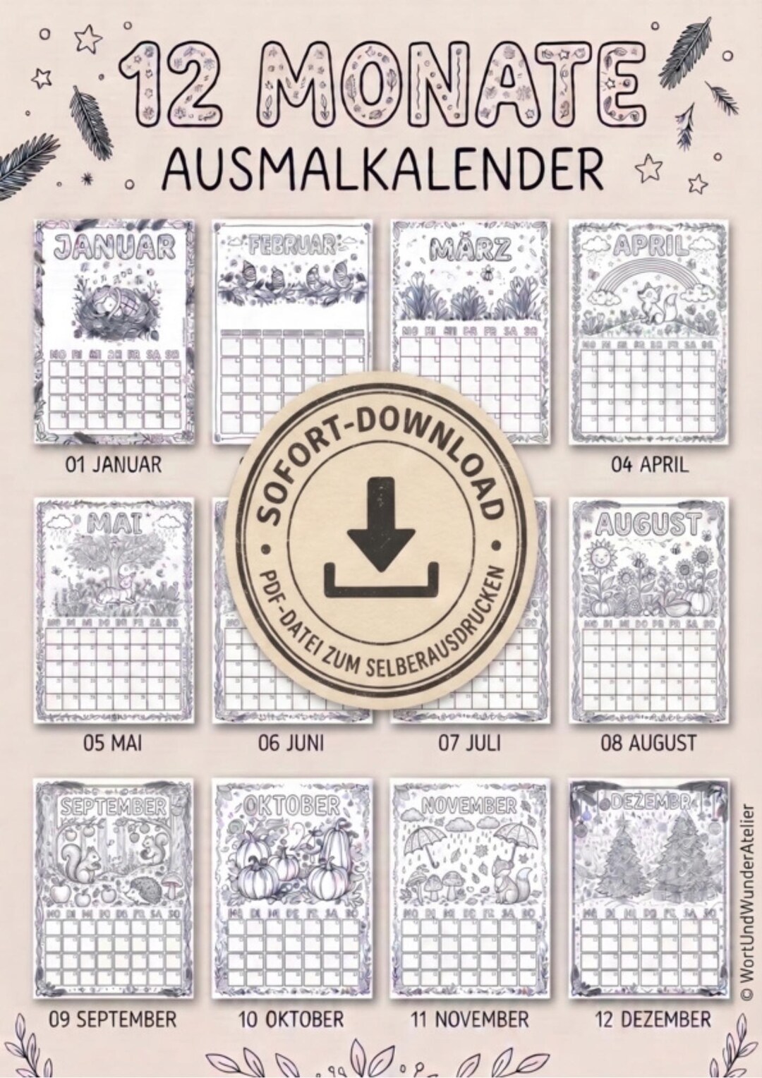 Coloring Calendar for Children in A4 Portrait Format: 12 Months to ...