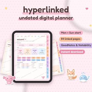 May include: A digital tablet displays an undated digital planner with hyperlinked pages, featuring pastel-colored tabs and sections. Text includes "hyperlinked undated digital planner," "Mon + Sun start," "54 linked pages," "GoodNotes & Notability," and "instant download."