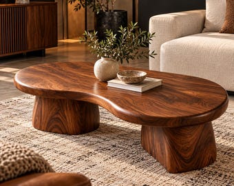 Könnte beinhalten: Ein niedriger, nierenförmiger Couchtisch aus dunkelbraunem Holz mit ausgeprägter Maserung. Der Tisch hat eine glatte, abgerundete Oberfläche, die von zwei dicken, massiven zylindrischen Füßen getragen wird, was ein organisches Erscheinungsbild erzeugt.