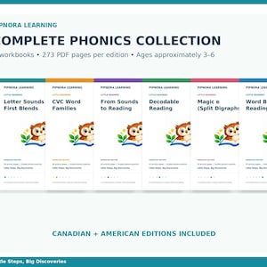 Może przedstawiać: Kolekcja Pipnora Learning Complete Phonics zawierająca sześć zeszytów ćwiczeń dla dzieci w wieku 3-6 lat. Każda okładka przedstawia sowę z kreskówki czytającą książkę, z tytułami takimi jak Letter Sounds i CVC Word Families.