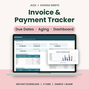 Può includere: Un modello di foglio di calcolo Invoice & Payment Tracker per .XLSX e Google Sheets. L'interfaccia mostra una dashboard con dati finanziari, inclusi importi fatturati, totali riscossi, saldi in sospeso e un grafico a barre che confronta le fatture mensili con i pagamenti riscossi.