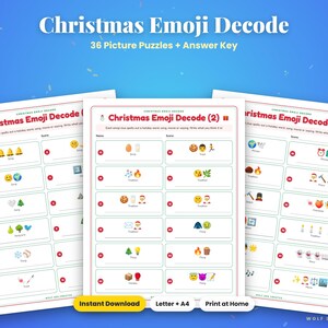 Christmas Emoji Decode Game, 36 Printable Puzzles with Answer Key for All Ages