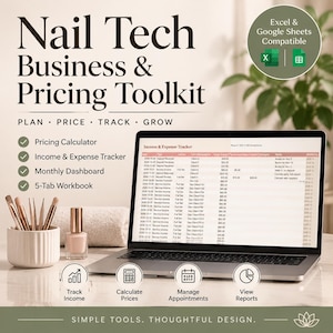 May include: A digital business and pricing toolkit for nail technicians displayed on a laptop screen. The interface shows an income and expense tracker. Text includes Nail Tech Business & Pricing Toolkit, Plan, Price, Track, Grow, and icons.