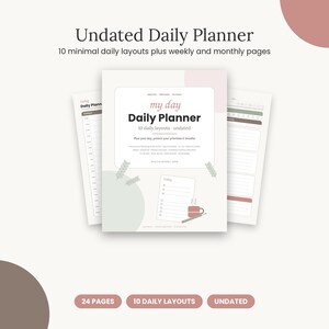 May include: An undated daily planner featuring 10 daily layouts, weekly and monthly pages. The cover displays the text 'my day Daily Planner 10 daily layouts undated' with illustrations of a checklist, a coffee mug, and a pencil.