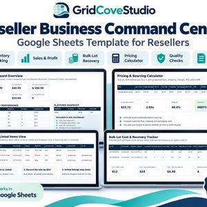 May include: A digital Reseller Business Command Centre Google Sheets template featuring a dashboard overview, pricing and sourcing calculator, automatic listed items view, and a bulk lot cost and recovery tracker for inventory management.