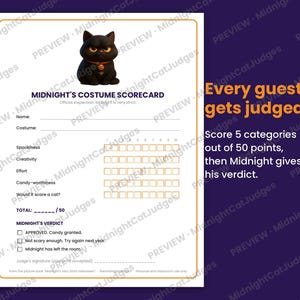 May include: A white costume scorecard titled MIDNIGHT'S COSTUME SCORECARD featuring a black cat illustration. It includes fields for name, costume, and five scoring categories with checkboxes, plus a section for MIDNIGHT'S VERDICT.