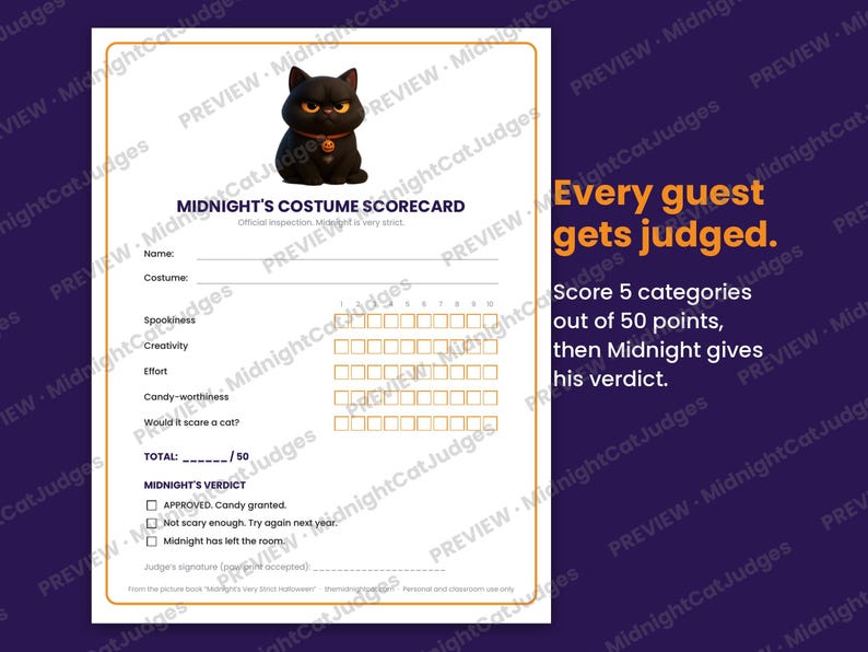 May include: A white costume scorecard titled MIDNIGHT'S COSTUME SCORECARD featuring a black cat illustration. It includes fields for name, costume, and five scoring categories with checkboxes, plus a section for MIDNIGHT'S VERDICT.