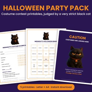 May include: A Halloween party pack of printable sheets featuring a black cat illustration. Includes a costume scorecard, a bingo game, and a sign that reads CAUTION COSTUMES ARE JUDGED HERE. The text includes HALLOWEEN PARTY PACK.