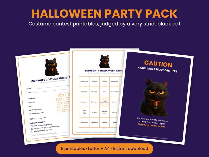 May include: A Halloween party pack of printable sheets featuring a black cat illustration. Includes a costume scorecard, a bingo game, and a sign that reads CAUTION COSTUMES ARE JUDGED HERE. The text includes HALLOWEEN PARTY PACK.