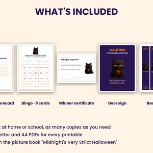 May include: A printable Halloween activity set featuring a black cat character. Includes a costume scorecard, eight bingo cards, a winner certificate, a door sign with the text CAUTION COSTUMES ARE JUDGED HERE, and four bookmarks.
