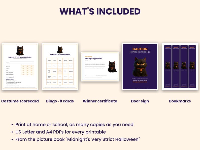 May include: A printable Halloween activity set featuring a black cat character. Includes a costume scorecard, eight bingo cards, a winner certificate, a door sign with the text CAUTION COSTUMES ARE JUDGED HERE, and four bookmarks.