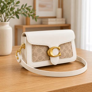 May include: A white leather shoulder bag featuring a tan patterned fabric panel on the front flap. The bag is accented with a prominent gold-toned metal C-shaped clasp and includes a matching white leather strap with gold-toned hardware.