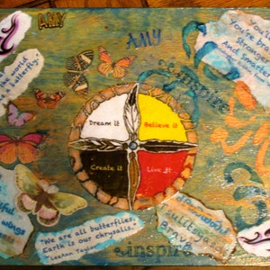 May include: A colorful mixed media artwork with a butterfly theme. The artwork features a painted wooden background with a variety of paper cutouts, including quotes about butterflies and a painted compass with the words "Dream it", "Believe it", "Create it", and "Live it".