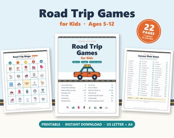 May include: A printable activity pack titled Road Trip Games for Kids Ages 5-12, featuring 22 pages of games. The set includes a Road Trip Bingo card, a table of contents with an orange car illustration, and a License Plate Game checklist.