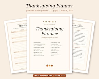 May include: A 21-page printable Thanksgiving Planner document featuring a cover page with the text Thanksgiving Planner, Thursday, November 26, 2026, and a list of contents including a menu planner, countdown checklist, and guest list.
