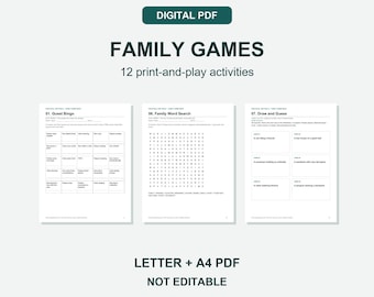May include: A digital PDF set of 12 print-and-play family games. The document includes pages for Guest Bingo, Family Word Search, and Draw and Guess. The text reads DIGITAL PDF, FAMILY GAMES, 12 print-and-play activities, LETTER + A4 PDF, NOT EDITABLE, and Instant download.