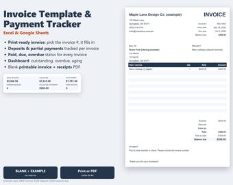 May include: An invoice template and payment tracker for Excel and Google Sheets. The display shows a list of features, a summary dashboard of financial data, and a sample invoice document for Maple Lane Design Co. with a balance due of $300.00.
