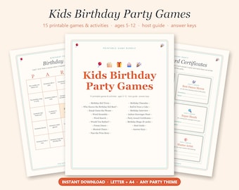 May include: A printable kids birthday party game bundle featuring a central title page, a bingo card, and award certificates. The text includes Kids Birthday Party Games, 15 printable games and activities, ages 5-12, host guide, and answer keys.