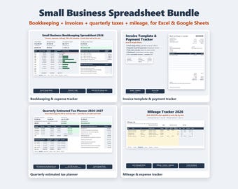 May include: A Small Business Spreadsheet Bundle for Excel and Google Sheets featuring four digital tools: a 2026 bookkeeping spreadsheet, an invoice template and payment tracker, a 2026-2027 quarterly estimated tax planner, and a 2026 mileage tracker.