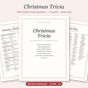 May include: A printable Christmas Trivia party game set featuring a title page, question sheets, and an answer key. The text includes 100 multiple-choice questions across 5 rounds: Christmas Movies, Songs & Music, World Traditions, History & Origins, and Santa & Treats.