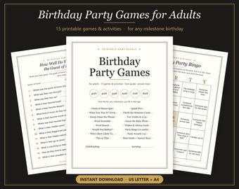 May include: A printable birthday party game bundle for adults featuring three white sheets with black text. The central page lists 15 games including Guest of Honor Quiz, Word Scramble, and Party Bingo, with circles for ages 30th through 80th.