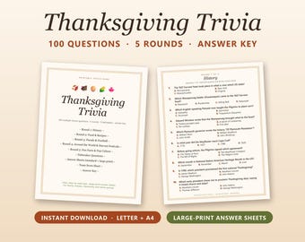 May include: A printable Thanksgiving Trivia game set featuring 100 questions across 5 rounds with an answer key. The document includes a title page with colorful icons and a sample page titled History with ten multiple-choice questions.