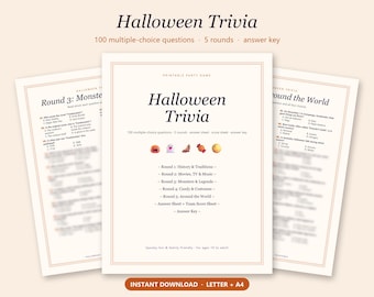 May include: A printable Halloween Trivia party game set featuring 100 multiple-choice questions across 5 rounds, including an answer key. The document displays the title Halloween Trivia, small seasonal icons, and a list of round topics like History, Movies, and Monsters.