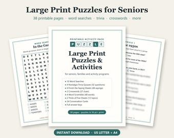 May include: A printable activity pack titled Large Print Puzzles & Activities for seniors, families and activity programs. It includes 38 pages with 10 word searches, 4 nostalgia trivia quizzes, 4 finish the saying sheets, 2 crosswords, 4 word scrambles, 2 think of five sheets, 24 conversation cards and full answer keys.