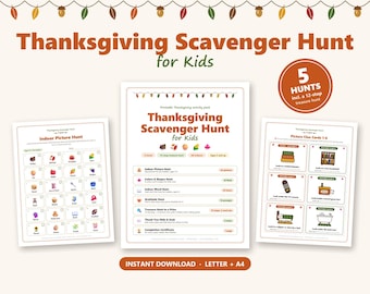 May include: A printable Thanksgiving Scavenger Hunt activity pack for kids featuring three pages. The pages include an Indoor Picture Hunt, a main activity list with five hunts, and Picture Clue Cards. The design features autumn-colored light bulbs.