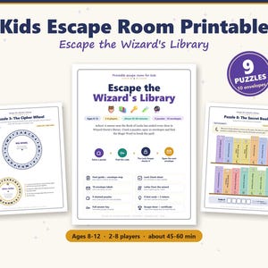 May include: A printable escape room game for kids titled Escape the Wizard's Library, featuring nine puzzles and ten envelopes. The set includes a main instruction sheet, a cipher wheel puzzle, and a secret books puzzle with colorful graphics.
