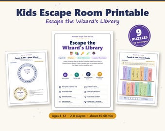 May include: A printable escape room game for kids titled Escape the Wizard's Library, featuring nine puzzles and ten envelopes. The set includes a main instruction sheet, a cipher wheel puzzle, and a secret books puzzle with colorful graphics.