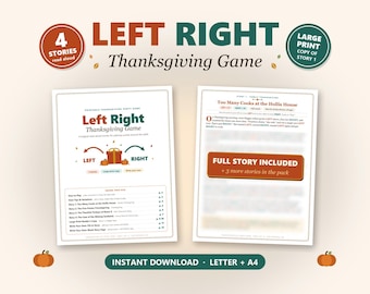 May include: A printable Thanksgiving party game titled Left Right Thanksgiving Game featuring four read-aloud stories. The document includes a table of contents, a large print copy of a story, and a section for writing your own story.