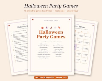 May include: A printable Halloween party game bundle featuring a central title page with a list of 15 activities, including trivia, word search, and bingo. The documents have a cream background with orange text, purple borders, and small icons.