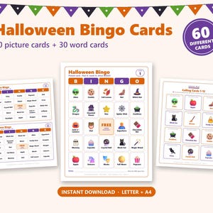 May include: Halloween Bingo game set featuring 60 different cards, including 30 picture cards and 30 word cards. The cards display various holiday-themed icons like pumpkins, ghosts, and witches, with text labels. Includes Letter and A4 sizes.