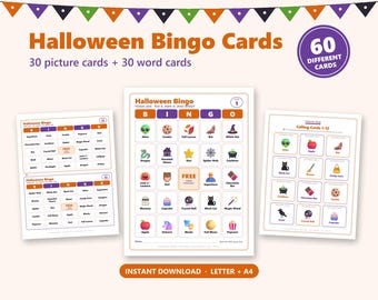 May include: Halloween Bingo game set featuring 60 different cards, including 30 picture cards and 30 word cards. The cards display various holiday-themed icons like pumpkins, ghosts, and witches, with text labels. Includes Letter and A4 sizes.