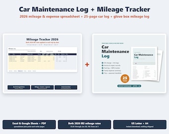 May include: A digital car maintenance log and mileage tracker set including a 2026 spreadsheet, a 25-page printable log, and a glove box tracker. The text includes Car Maintenance Log + Mileage Tracker, 2026 mileage & expense spreadsheet, and 25 pages.
