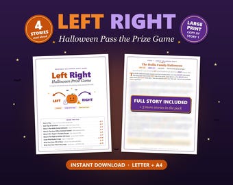 May include: A printable Halloween Left Right pass the prize game featuring four read-aloud stories. The document includes a title page with a pumpkin graphic and a sample story page titled The Hollis Family Halloween with large print text.