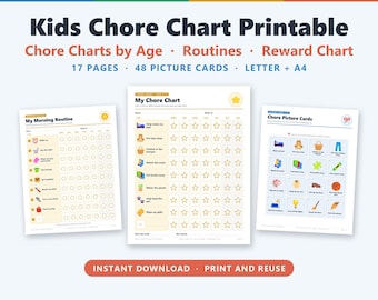 May include: A printable kids chore chart set featuring 17 pages and 48 picture cards. The documents include My Morning Routine, My Chore Chart, and Chore Picture Cards with icons for daily tasks, star trackers, and task labels in English.