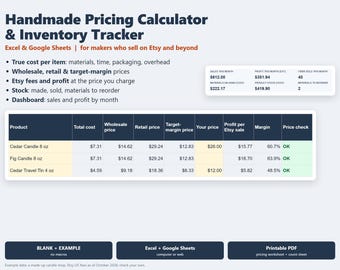 May include: A digital spreadsheet tool titled Handmade Pricing Calculator & Inventory Tracker for Excel and Google Sheets. It displays a dashboard with sales data, a product pricing table, and buttons for blank templates, digital files, and printable PDFs.