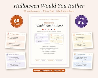 May include: A Halloween Would You Rather printable game set featuring 60 question cards, tally and score sheets. The central document lists game instructions and themes, surrounded by individual cards with text prompts like wear a costume made of balloons or grow a pumpkin as big as a car.
