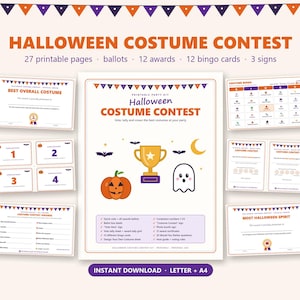 May include: A printable Halloween costume contest party kit featuring 27 pages, including ballots, 12 awards, 12 bingo cards, and 3 signs. The design includes orange and purple bunting, a gold trophy, a pumpkin, and a ghost illustration.