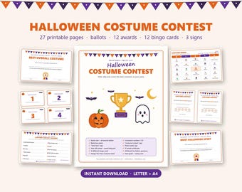 May include: A printable Halloween costume contest party kit featuring 27 pages, including ballots, 12 awards, 12 bingo cards, and 3 signs. The design includes orange and purple bunting, a gold trophy, a pumpkin, and a ghost illustration.
