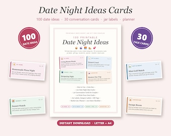 May include: A printable date night kit featuring 100 date ideas and 30 conversation cards. The document includes color-coded categories, jar labels, and a planner. Text includes Date Night Ideas Cards, 100 Date Night Ideas, and Instant Download.
