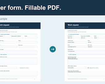 May include: A digital display showing a paper form and a fillable PDF work request side-by-side. The forms feature sections for contact details, job information, and work requested, with a teal arrow icon positioned between the two documents.