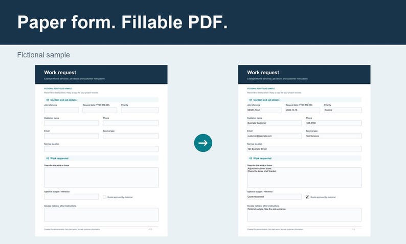 May include: A digital display showing a paper form and a fillable PDF work request side-by-side. The forms feature sections for contact details, job information, and work requested, with a teal arrow icon positioned between the two documents.