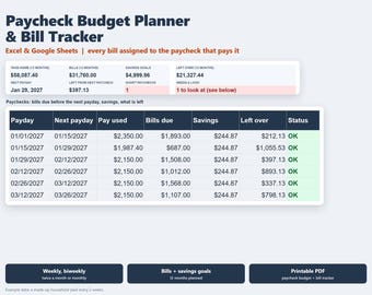 May include: A digital Paycheck Budget Planner & Bill Tracker spreadsheet for Excel and Google Sheets. It features a summary dashboard and a detailed table tracking paydays, bills, savings, and status, with three dark blue buttons at the bottom.