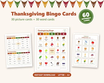 May include: Thanksgiving Bingo game set featuring 60 different cards, including 30 picture cards and 30 word cards. The set includes game boards with colorful icons like turkeys, pumpkins, and corn, plus calling cards. Text includes Thanksgiving Bingo, Instant Download, Letter + A4.