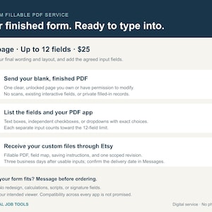 May include: A digital service information graphic titled Custom Fillable PDF Service. It outlines a three-step process for creating fillable PDF forms, including sending a blank PDF, listing fields, and receiving custom files through Etsy.