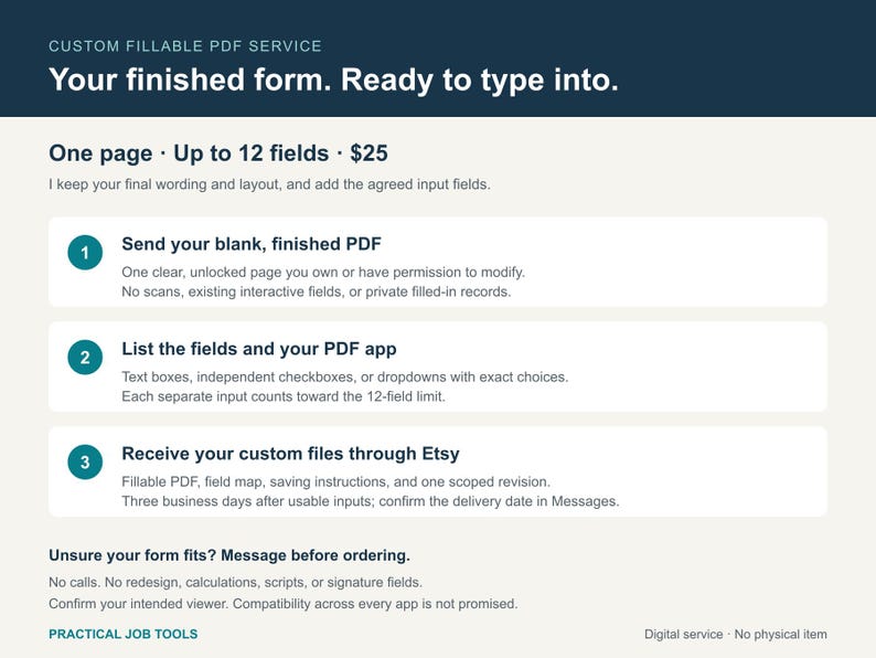 May include: A digital service information graphic titled Custom Fillable PDF Service. It outlines a three-step process for creating fillable PDF forms, including sending a blank PDF, listing fields, and receiving custom files through Etsy.