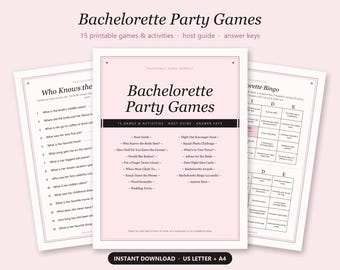 May include: A printable bachelorette party game bundle featuring a central cover page and two game sheets. The documents are light pink with black text, including titles like Bachelorette Party Games, Who Knows the Bride, and Bachelorette Bingo.